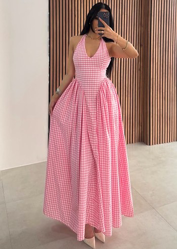 m Beden pembe Renk Pembe Kareli Uzun Elbise