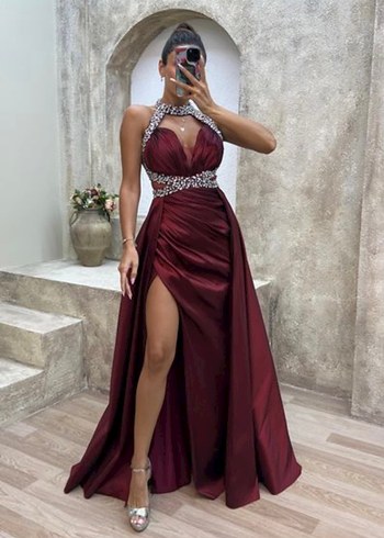 Bordo Saten Taşlı Abiye