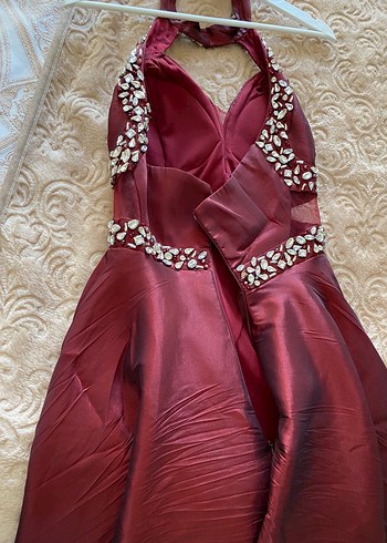 xs Beden Bordo Saten Taşlı Abiye