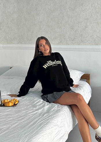 s Beden Siyah Oversize Sweatshirt Baskılı