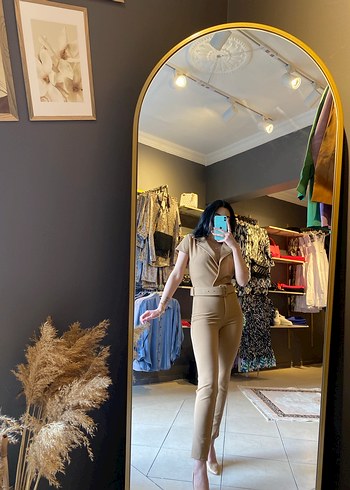 Bej Kadın Tulum, Kemerli, Ofis Şıklığı - Görsel 5