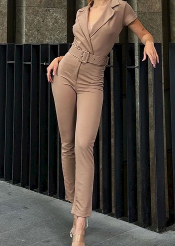 Bej Kadın Tulum, Kemerli, Ofis Şıklığı - Görsel 4