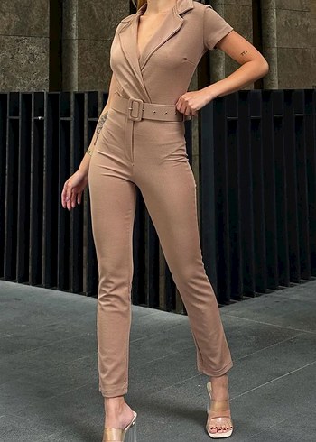 Bej Kadın Tulum, Kemerli, Ofis Şıklığı - Görsel 2