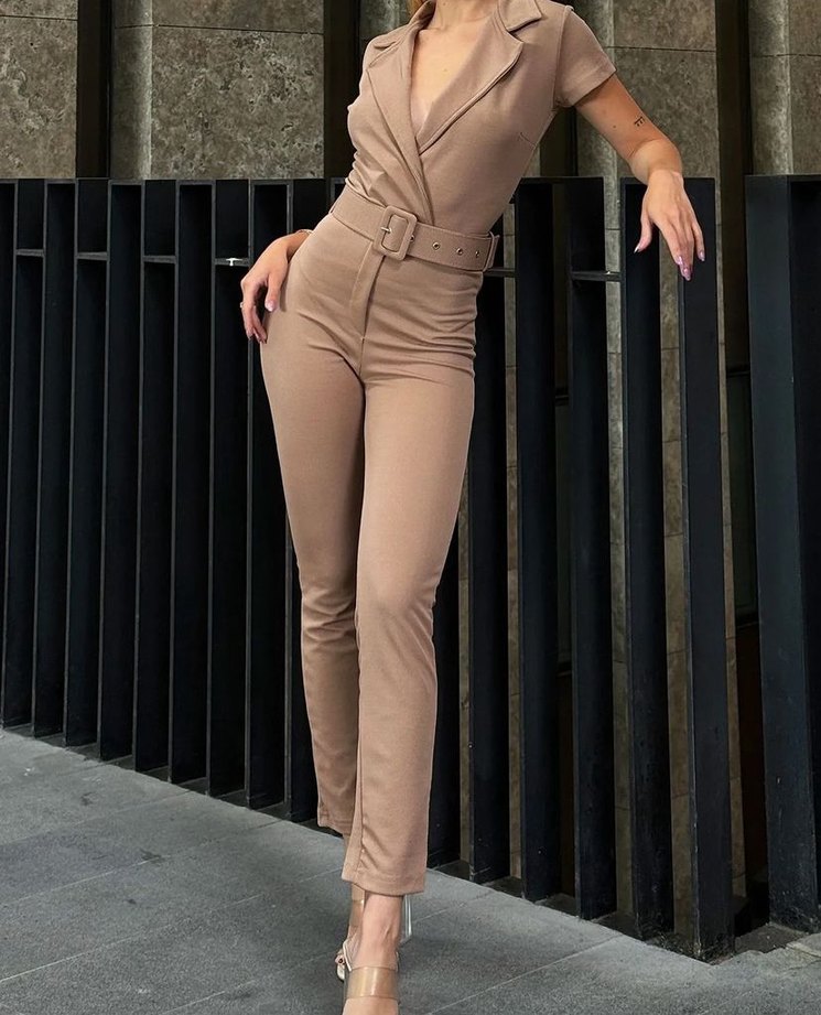 Bej Kadın Tulum, Kemerli, Ofis Şıklığı - Görsel 4