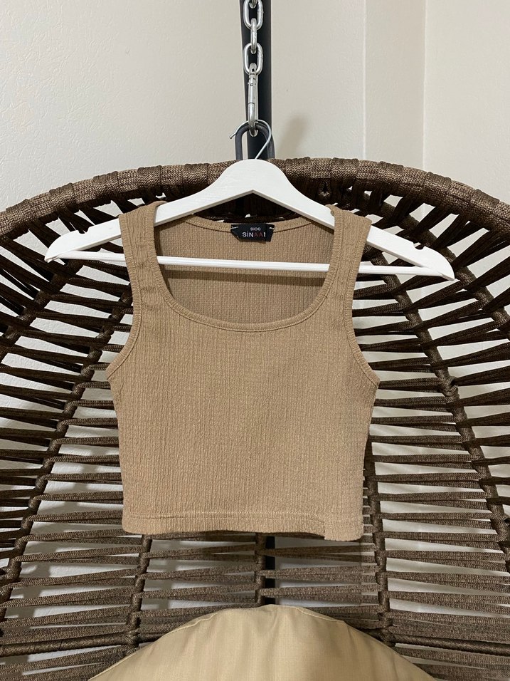 Bej Kadın Crop Top, Kolsuz, Mini Boy - Görsel 2