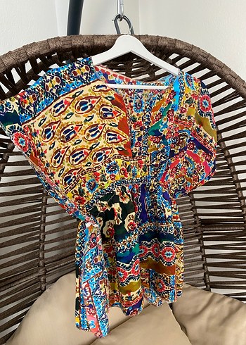 Renkli Bohem Kısa Kollu Bluz Pareo - Görsel 2