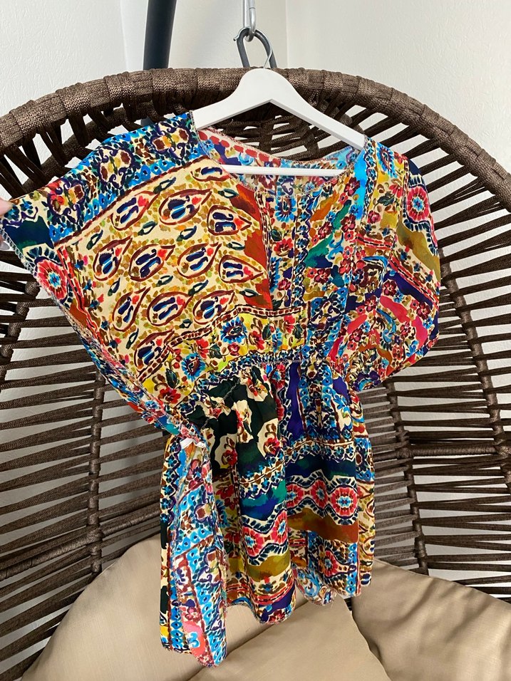 Renkli Bohem Kısa Kollu Bluz Pareo - Görsel 2