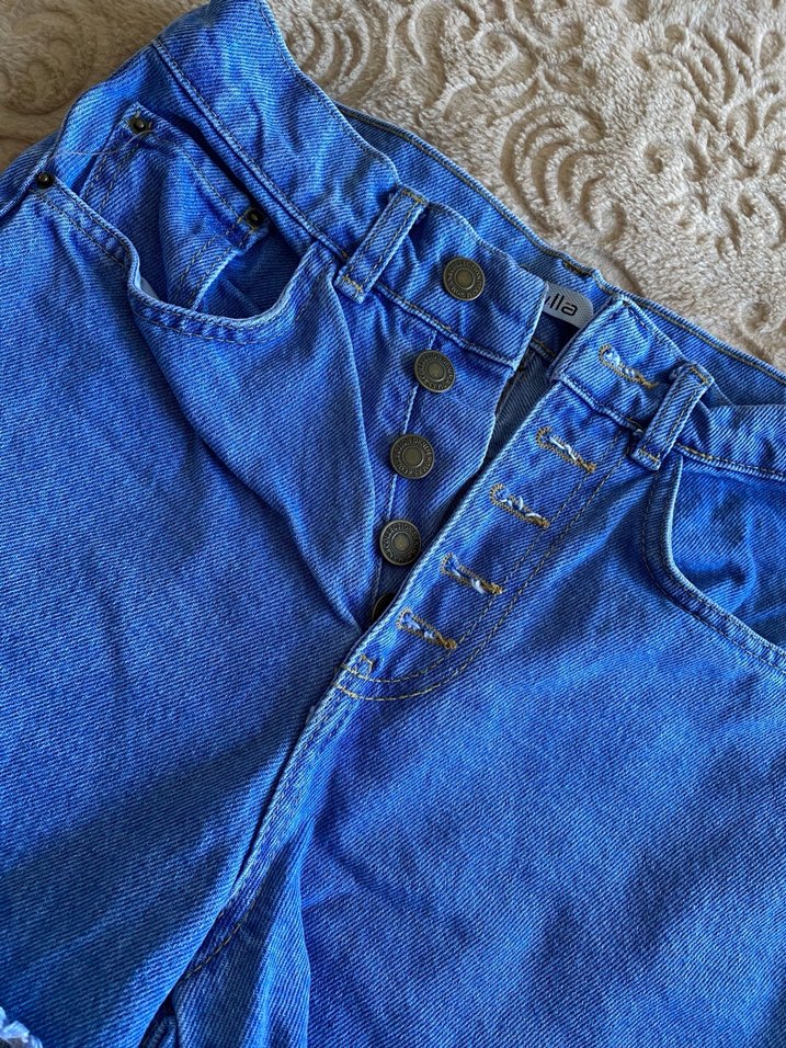 Düğmeli Koyu Mavi Mini Kot Şort - Görsel 2