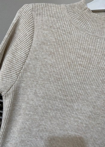 Bej Uzun Kollu Kemerli Triko Elbise - Görsel 4