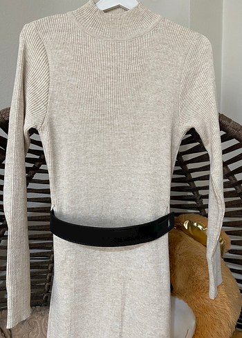 Bej Uzun Kollu Kemerli Triko Elbise - Görsel 3