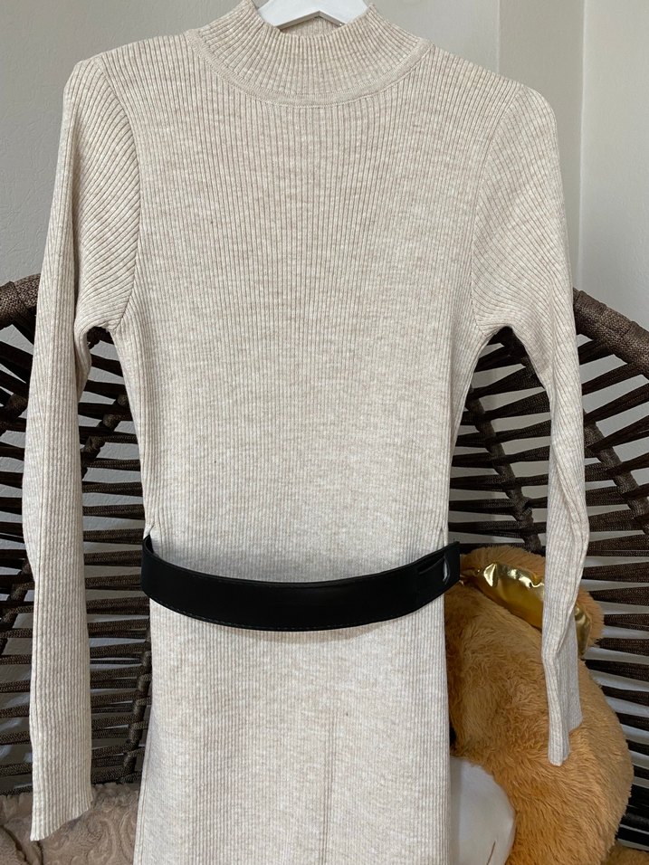 Bej Uzun Kollu Kemerli Triko Elbise - Görsel 3