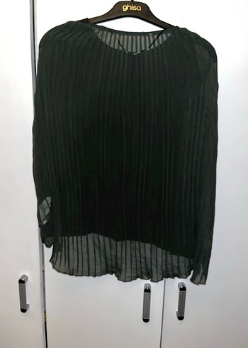 Zara Koyu Yeşil Uzun Kollu Arkası Piliseli ve Transparan KBluz