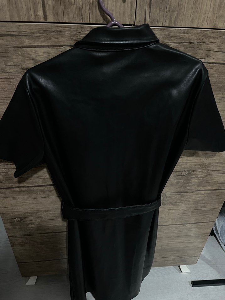 Kemerli Siyah Kısa kollu Deri Ceket - Görsel 3