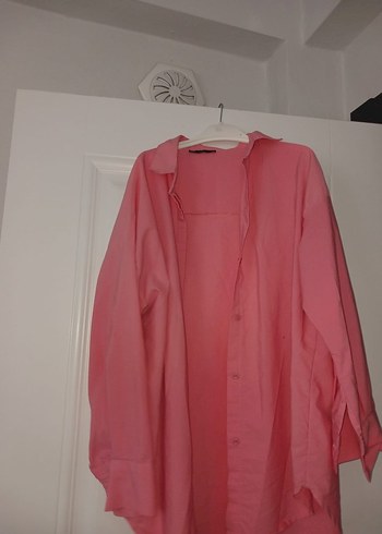Pembe Keten Salaş Uzun Kollu Gömlek
