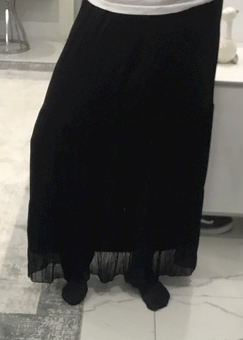 Siyah Pileli Uzun Tül Şifon kumaş astarlı tesettür etek - Görsel 10