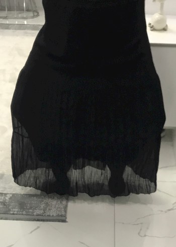 Siyah Pileli Uzun Tül Şifon kumaş astarlı tesettür etek - Görsel 7