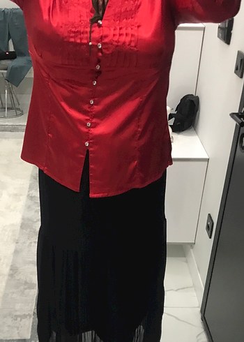 Saten İpek parlak taş pırlanta düğmeli gömlek - Görsel 5