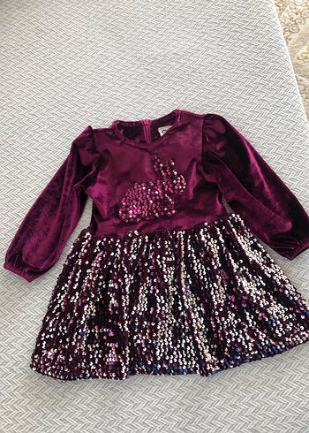 Mor Payetli Uzun Kollu Kız Elbisesi - Görsel 2