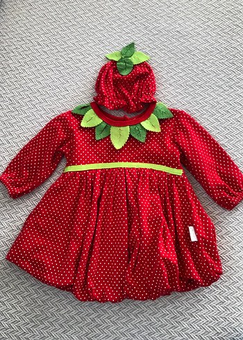 Kız Çocuk Kırmızı Nakışlı Triko Elbise ve Şapka - Görsel 2