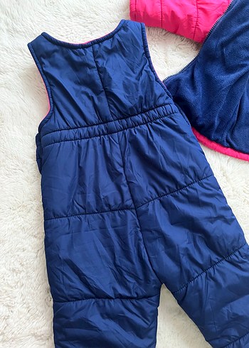 15-36 kg Beden Kız Çocuk Pembe Kapüşonlu Mont ve Lacivert Tulum kar tulumu