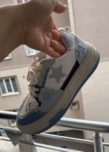 38 Beden mavi Renk Nakışlı Fırfırlı Mavi Denim Kadın Spor Ayakkabı