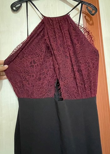 Bordo Nakışlı V Yakalı Uzun Gotik Elbise - Görsel 2