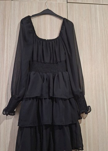 Uzun Kollu Siyah Kat Kat Elbise - Görsel 5