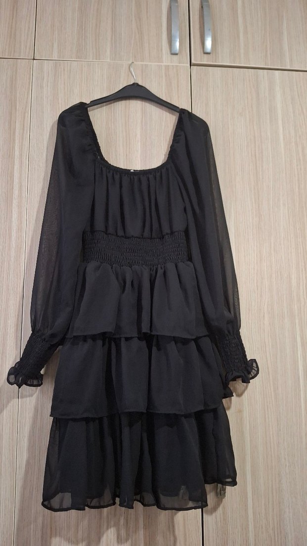 Uzun Kollu Siyah Kat Kat Elbise - Görsel 5