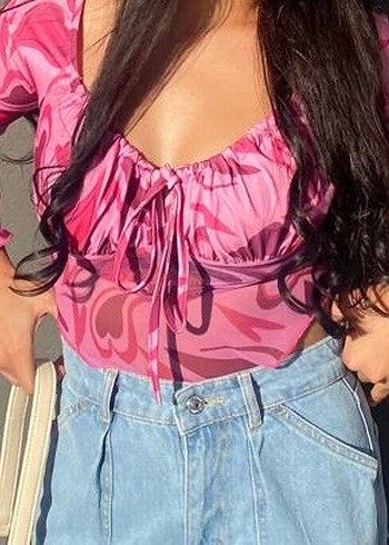 Pembe V Yaka Drapeli Bağcıklı Bluz