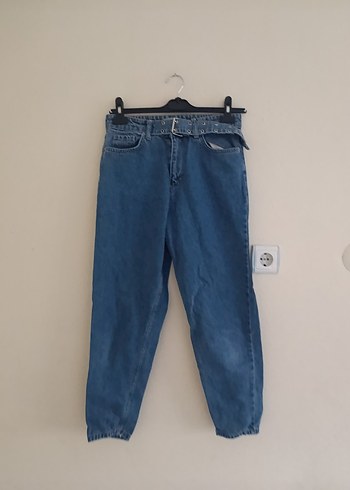 Kadın Mavi Bel Detaylı Bol Kesim Jean
