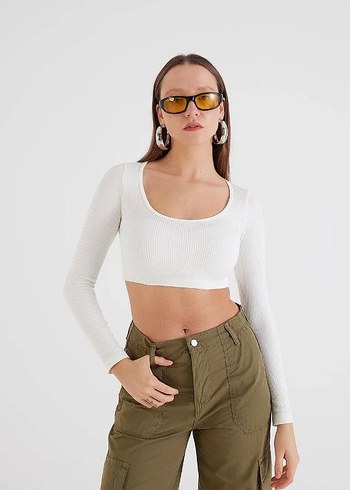 Addax Beyaz Uzun Kollu Crop Top