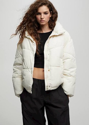 Kadın Beyaz Midi Kışlık Streetwear Mont