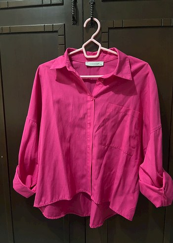 Pembe Düğmeli Uzun Kollu Kadın Gömlek