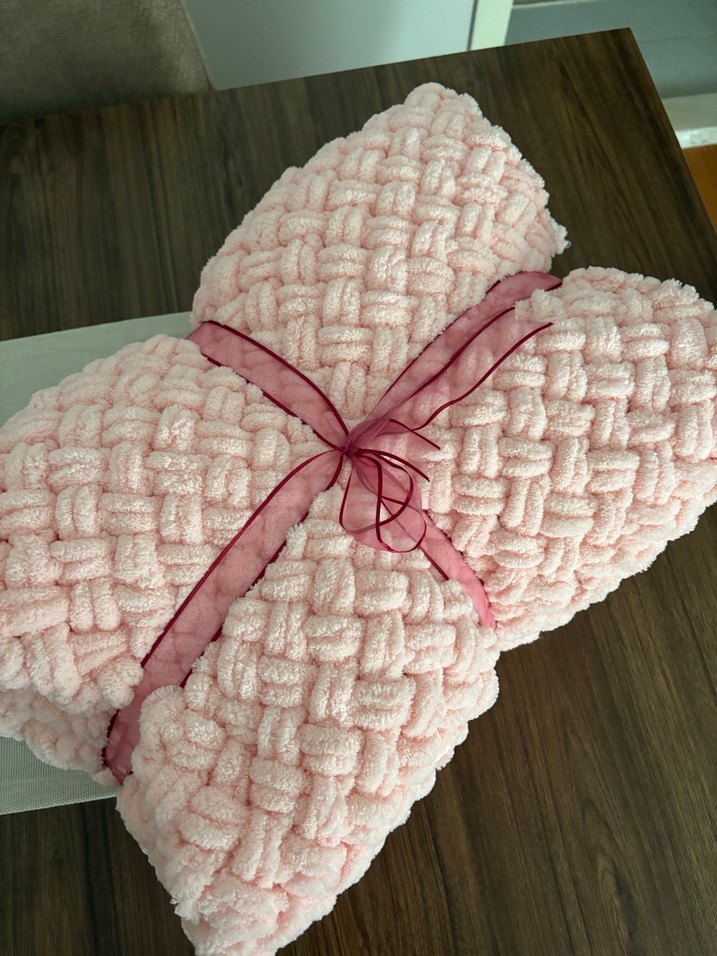 Pembe Puffy yumoş Örgü  Bebek Battaniyesi - Görsel 3