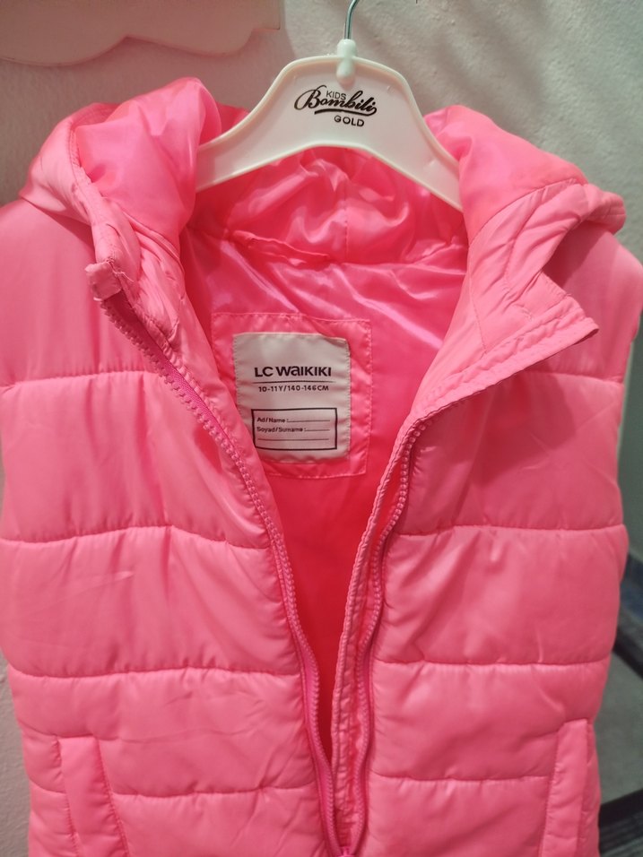 Kız Çocuk Pembe Kapüşonlu Fermuarlı Yelek - Görsel 4