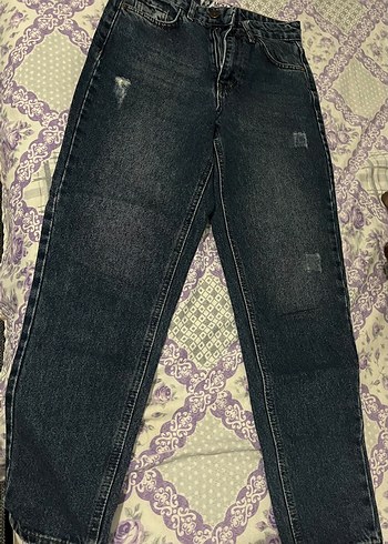 Lacivert Loose Fit Yırtıklı Midi Denim Pantolon - Görsel 2