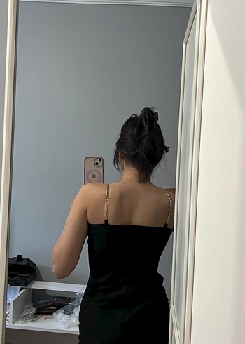 Siyah Minimalist Midi demir askılık Kısa Elbise - Görsel 2