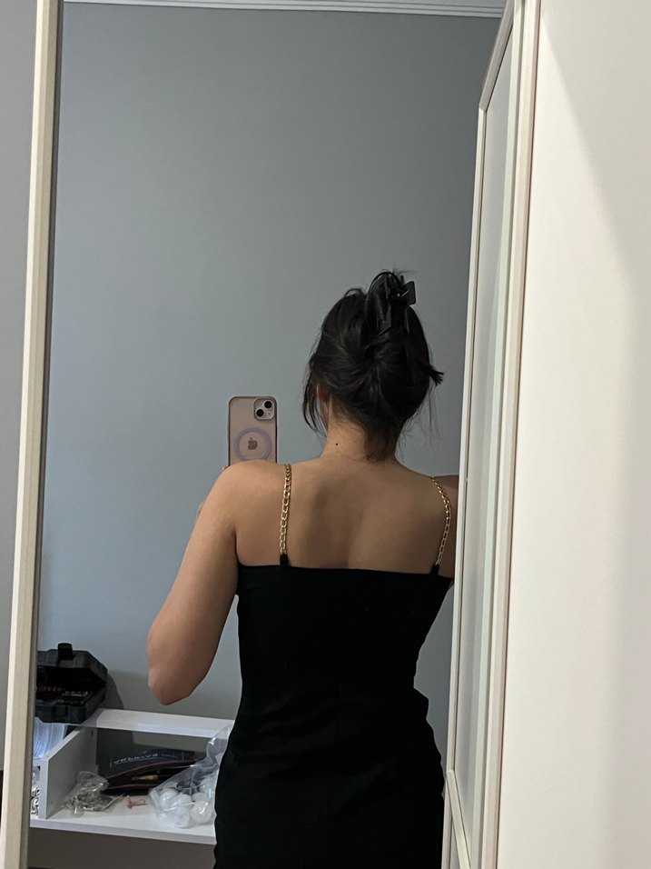 Siyah Minimalist Midi demir askılık Kısa Elbise - Görsel 2