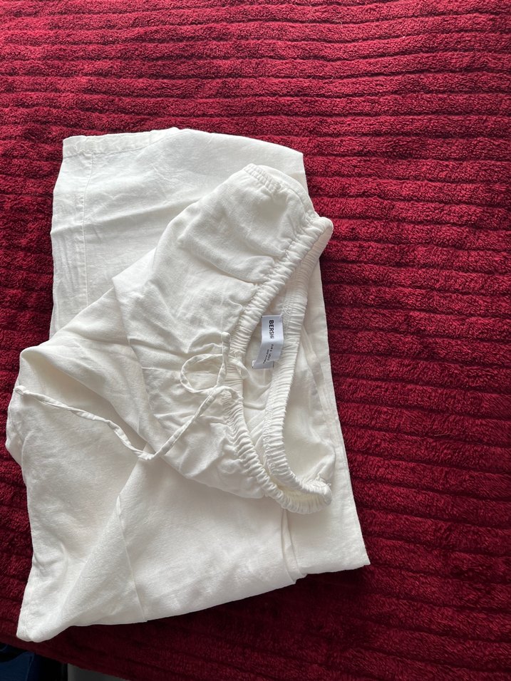 Beyaz Kadın Keten Rahat Kesim Pantolon - Görsel 2