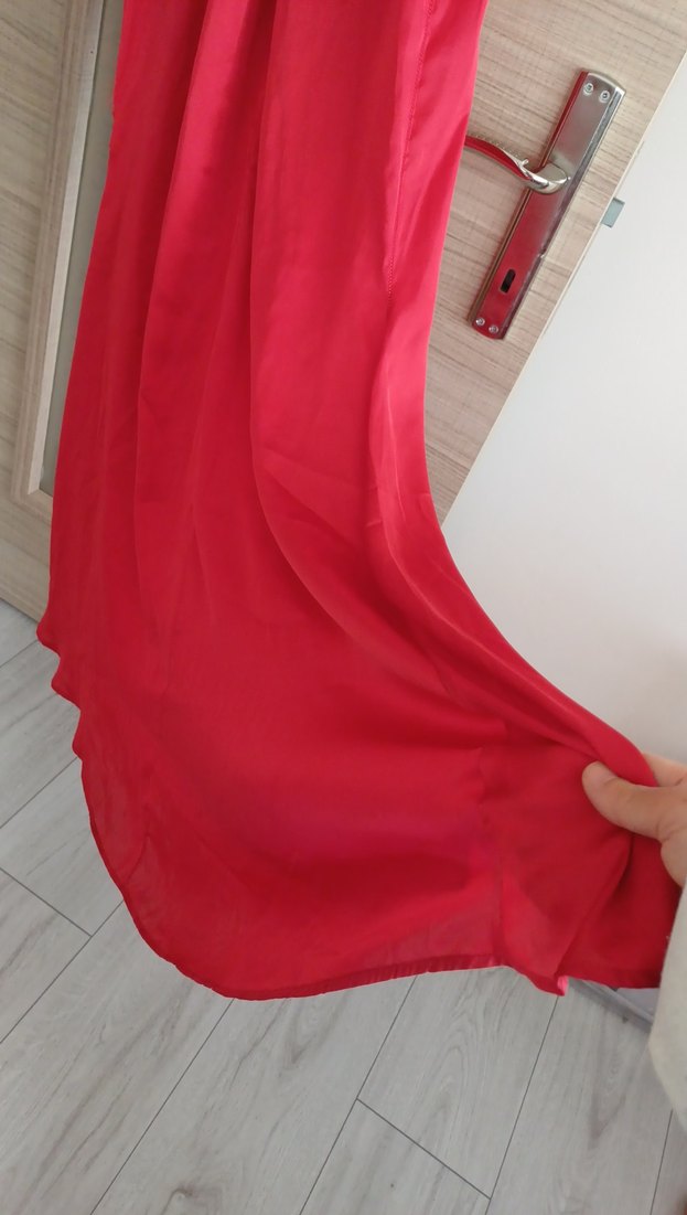 Kırmızı Midi Drapeli İnce Askılı Elbise - Görsel 4