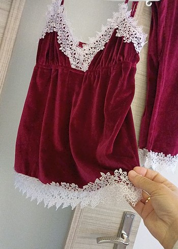 Bordo Nakışlı Kadın Pijama Takımı - Görsel 11