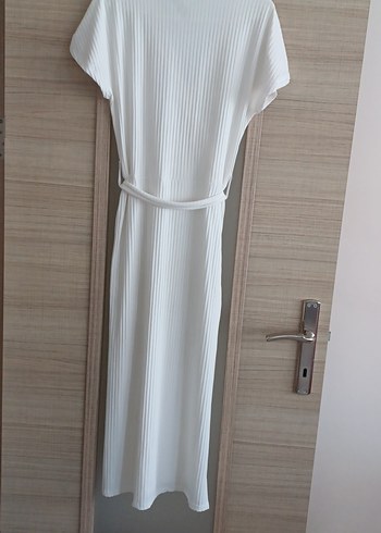 Beyaz Piliseli Uzun Keten Elbise - Görsel 6