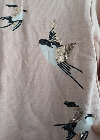 Pembe Kuş Desenli Örgü Kadın Kazak - Görsel 4