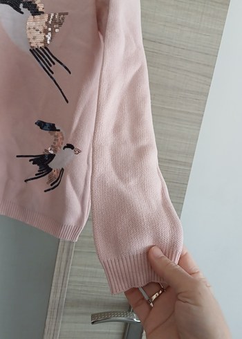 Pembe Kuş Desenli Örgü Kadın Kazak - Görsel 2