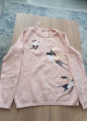 Pembe Kuş Desenli Örgü Kadın Kazak - Görsel 12