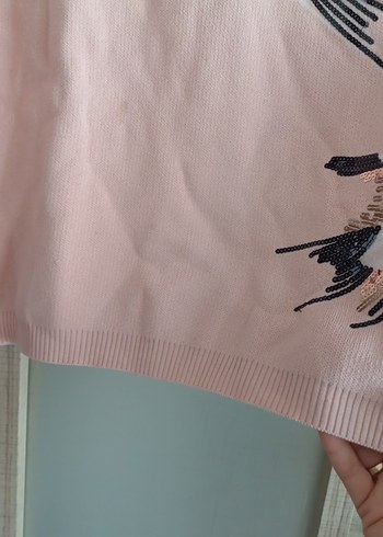 Pembe Kuş Desenli Örgü Kadın Kazak - Görsel 3