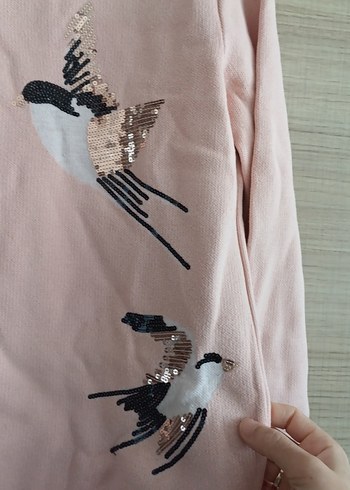 Pembe Kuş Desenli Örgü Kadın Kazak - Görsel 5