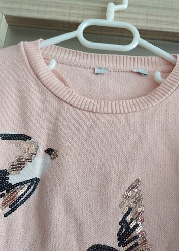 Pembe Kuş Desenli Örgü Kadın Kazak - Görsel 6