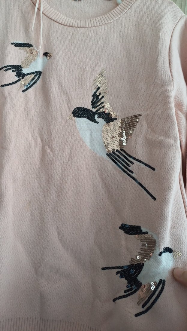 Pembe Kuş Desenli Örgü Kadın Kazak - Görsel 4