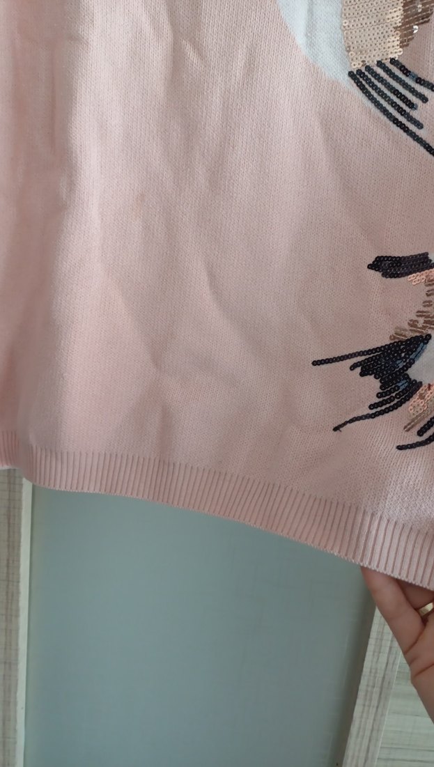 Pembe Kuş Desenli Örgü Kadın Kazak - Görsel 3